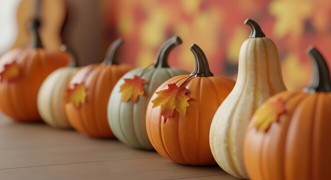 Pumpkins with autumn leaves on wooden surface