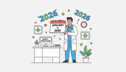 Medical professional holding January 1 2026 calendar page Happy New Year concept