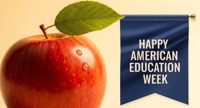 Red apple with education banner and leaf