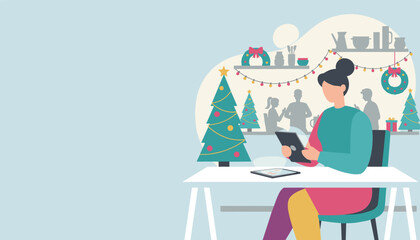 Woman using a digital tablet in a festive Christmasdecorated workspace or cafe