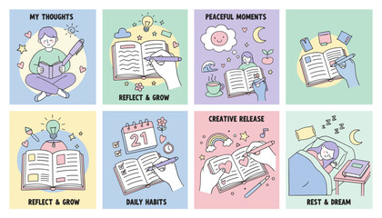 Obraz premium Journaling reflection and selfcare concept illustrations Daily habits and peaceful moments