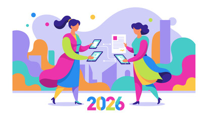Digital collaboration two women sign a 2026 contract using tablets Future business technology