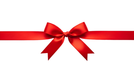 A vibrant red ribbon bow, elegantly tied and presented horizontally on a clean white background, symbolizing celebration and gift-giving