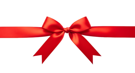 A vibrant red satin ribbon tied into a decorative gift bow, extending horizontally across a clean, isolated white background