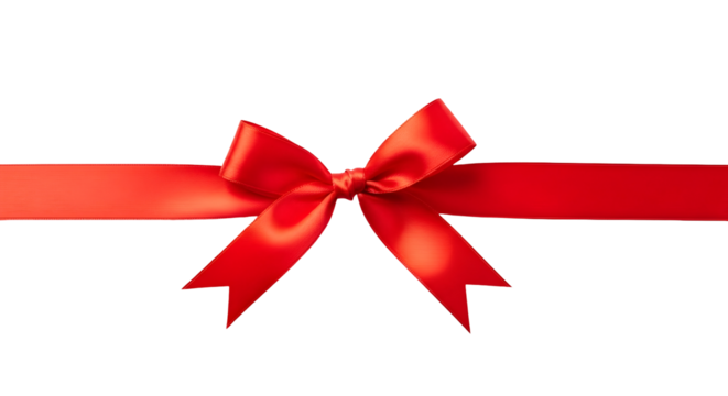 A close-up shot of a bright red satin ribbon tied into a bow against a white background, perfect for gift wrapping and decorations