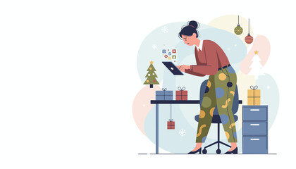 Stressed woman works on tablet surrounded by holiday decorations and social media icons