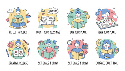 Fototapeta premium Wellness icons depicting selfcare reflection goal setting planning and gratitude through journaling