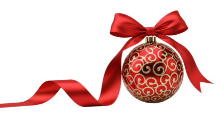Festive Red Ribbon and Ornate Christmas Bauble Isolated on White