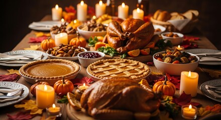 Thanksgiving dinner table with roasted turkey and pies