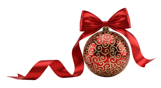 Beautiful Red Christmas Bauble Ornament with Curled Ribbon on White Background - Powered by Adobe