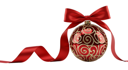 A beautiful red and gold Christmas ornament with an elegant flowing scarlet ribbon and bow, isolated on a clean white background