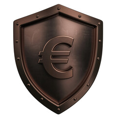 Metallic Shield With Euro Symbol In Center And Rivets Around The Edge Isolated On Black Background With Subtle Speckles