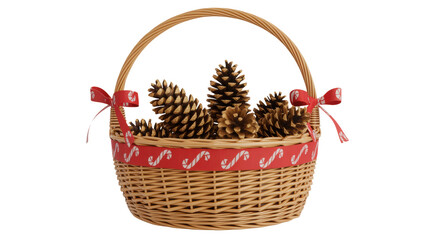 Woven wicker basket filled with natural pine cones decorated with red ribbon and festive candy cane trim isolated on transparent background
