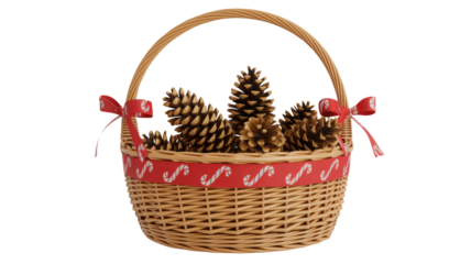 Woven wicker basket filled with natural pine cones decorated with red ribbon and festive candy cane trim isolated on transparent background