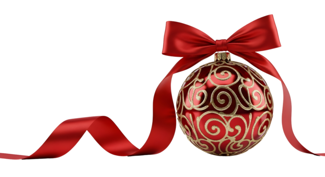 A beautiful red and gold Christmas ornament with an elegant flowing scarlet ribbon and bow, isolated on a clean white background