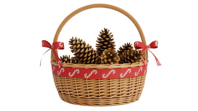 Woven wicker basket filled with natural pine cones decorated with red ribbon and festive candy cane trim isolated on transparent background - Powered by Adobe