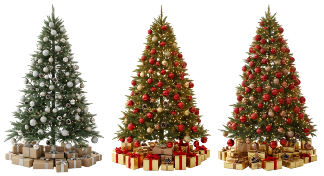 Three Decorated Christmas Trees With Gift Boxes Stacked At Their Bases Ready For The Holidays