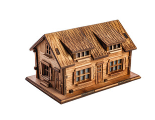 Miniature wooden house model with detailed brickwork and shingle roof isolated on black background showing intricate craftsmanship and architectural design
