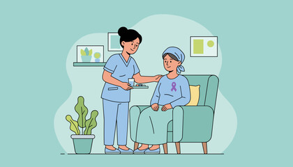 Compassionate nurse provides medicine to a cancer patient in a comfortable setting