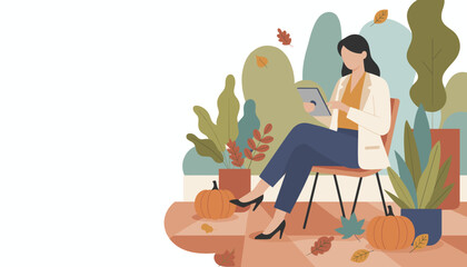 Professional woman uses digital tablet in a peaceful autumn patio garden setting