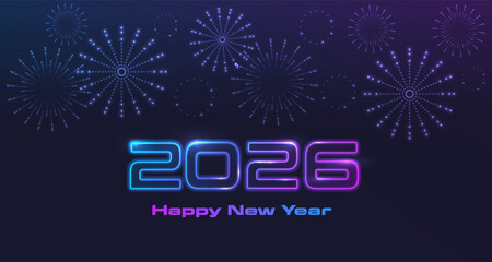 2026 Happy New Year digital tech glowing background. New Year Celebration futuristic neon design