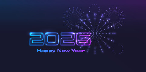 2026 glowing neon Happy New Year graphic template. New Year Celebration shiny digital vector graphic design