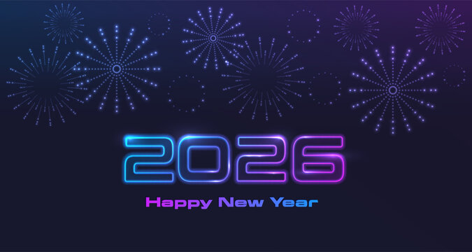 2026 Happy New Year digital tech glowing background. New Year Celebration futuristic neon design