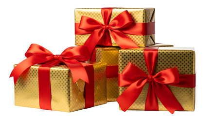 A beautiful stack of three golden gift boxes elegantly wrapped with vibrant red satin ribbons and bows, isolated on a clean white background for any celebration