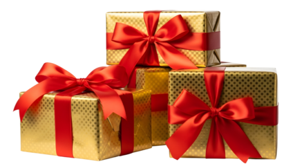A beautiful stack of three golden gift boxes elegantly wrapped with vibrant red satin ribbons and bows, isolated on a clean white background for any celebration