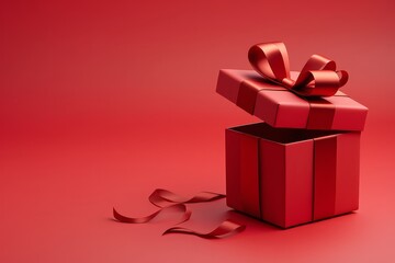 Open Red Gift Box with Ribbon on Red Background - Holiday Celebration Concept
