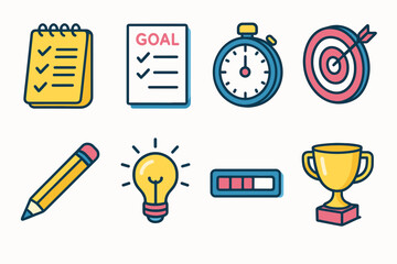 Action Plan Icons. Action Plan flat icons: notepad, goal sheet, stopwatch, dartboard, pencil, lightbulb, progress bar, trophy.