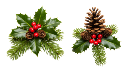Festive Christmas decorations with holly, pine cones, and fir branches on a white background