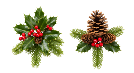 Christmas decorations featuring holly berries pine cones and fir branches