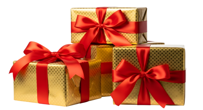 A beautiful stack of three golden gift boxes elegantly wrapped with vibrant red satin ribbons and bows, isolated on a clean white background for any celebration