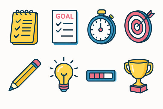 Action Plan Icons. Action Plan flat icons: notepad, goal sheet, stopwatch, dartboard, pencil, lightbulb, progress bar, trophy.