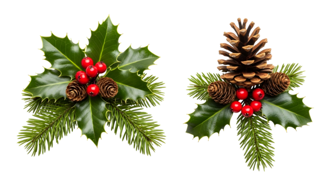 Festive Christmas decorations with holly, pine cones, and fir branches on a white background