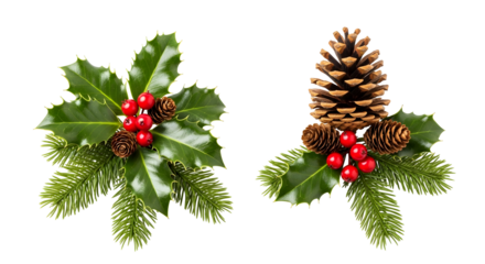 A set of two natural Christmas decorations with holly, red berries, and a pine cone on fir branches isolated on a white background