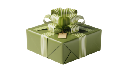 Elegant green gift box with a decorative bow and ribbon tied neatly on top isolated on transparent background