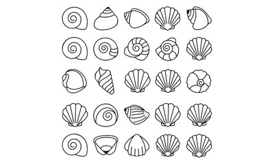 Seashell Vector Illustration Set | Black and White Shell, Starfish, and Clam Icons