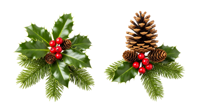 A set of two natural Christmas decorations with holly, red berries, and a pine cone on fir branches isolated on a white background