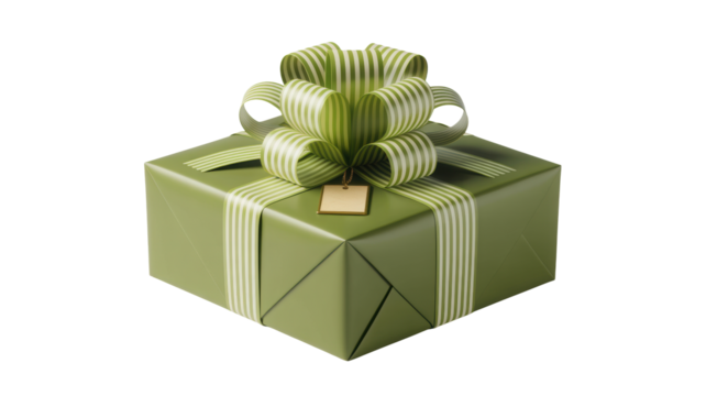 Elegant green gift box with a decorative bow and ribbon tied neatly on top isolated on transparent background