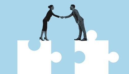 Halftone illustration of a businessman and woman shaking hands while standing on puzzle pieces symbolizing partnership and solutions