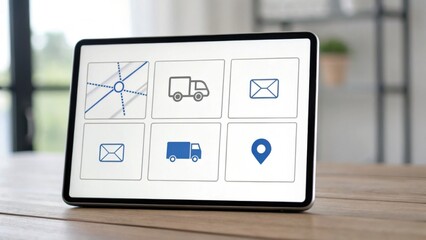 A tablet displays various icons related to logistics, including maps, trucks, and messages, set against a modern, bright background.