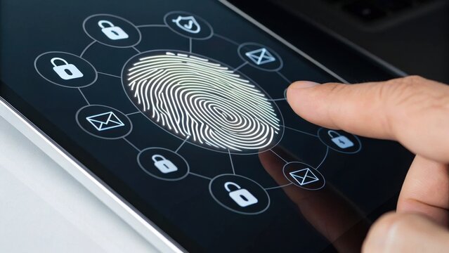 A hand touches a tablet screen displaying a fingerprint surrounded by security icons, emphasizing biometric authentication and digital security.