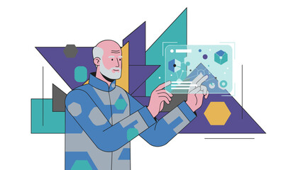 Senior expert uses holographic screen for data analysis and future technology research illustration