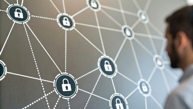 A man observes a network diagram featuring padlock icons, symbolizing security and connections in a digital context. - Powered by Adobe