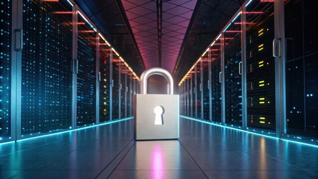 A digital padlock stands prominently in a server room, symbolizing cybersecurity and data protection amidst glowing servers.