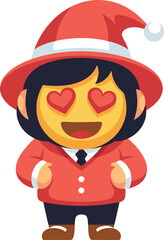 A cartoon character wearing a red suit and a Santa hat, with a yellow face featuring heart-shaped eyes and a wide, loving smile.