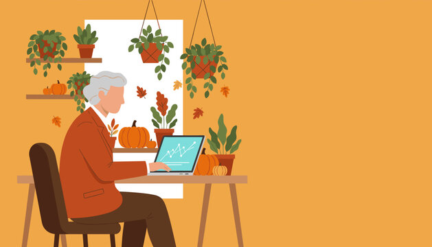 Senior man working remotely on a laptop at a cozy fallthemed desk Business and autumn concept