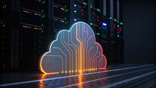 A glowing cloud symbol with circuit patterns in a server room, representing cloud computing technology and digital innovation.